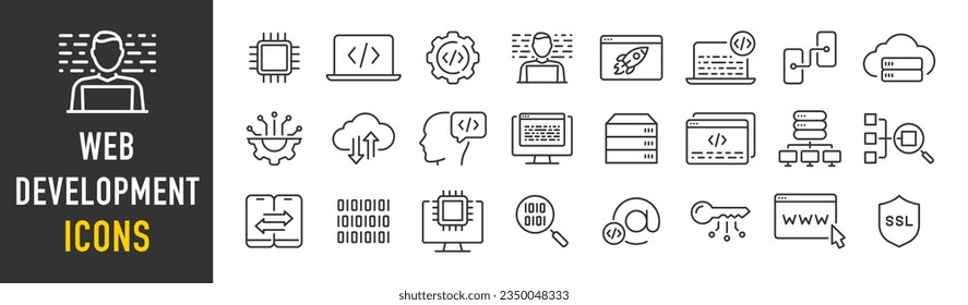 Web Development web icons in line style. Programming, code, mobile app, developer, management, seo, digital, web design, marketing, analytics, collection. Vector illustration.