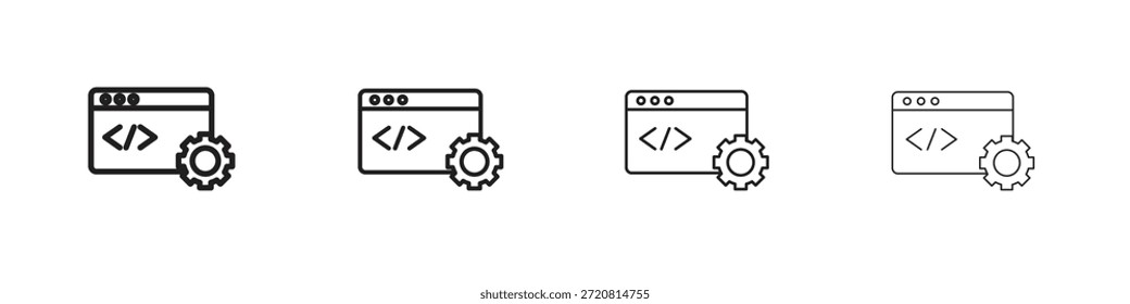 Iconos de desarrollo de Web delinean el diseño de Vector negro. Línea con trazo editable.