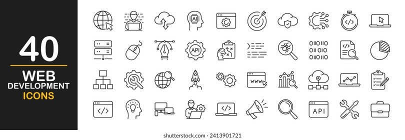 Iconos de desarrollo web establecidos. Diseño y desarrollo web - colección de iconos de línea delgada simple. Contiene código, programador, codificación, corrección de fallos y más. Conjunto simple de iconos web