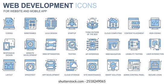 Web development icons set in duotone line design. Pack of coding, ui, ux, startup, cloud computing, content placement, optimization, api interface, other outline stroke pictograms. Vector illustration