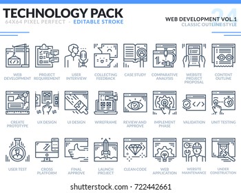 Web Development Icons Set. Editable Stroke. Technology outline icons pack. Pixel perfect thin line vector icons for web design and website application.