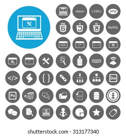 Web Development icons set. html, html 5, css, tag, mysql, curves, php, script, style, javascript. Illustration EPS10