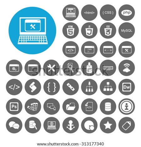 Web Development icons set. html, html 5, css, tag, mysql, curves, php, script, style, javascript. Illustration EPS10