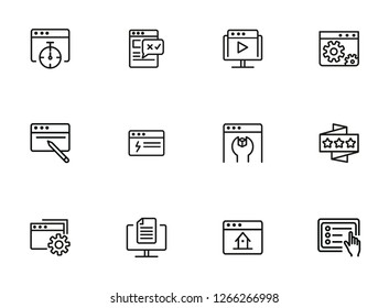 Iconos de desarrollo Web. Conjunto de iconos de línea en fondo blanco. Página de inicio, configuración de carpeta, seminario web. Computadora usando concepto. La ilustración vectorial se puede utilizar para temas como internet, tecnología, diseño web
