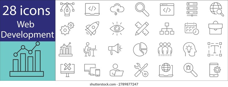 Web Development Icons Set  Modern web development vector icons featuring coding, programming, website design, frontend and backend development, responsive design, UIUX, HTML, CSS, JavaScript, databases, cloud services, APIs, debugging, and software  editable stroke EPS icons ideal for websites, mobile  presentations, infographics, and technology projects.
