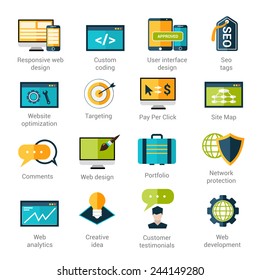 Web development icons set with responsive design custom coding seo tags isolated vector illustration