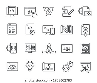 Web Development Icons Set. Such as Project Launch, Code Hierarchy, Bug Testing, Website Design, Mobile Application, Settings and others. Editable vector stroke.