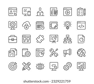 Web development icons. Vector line icons set. Coding, SEO, unit testing, target marketing, software development, programming concepts. Black outline stroke symbols