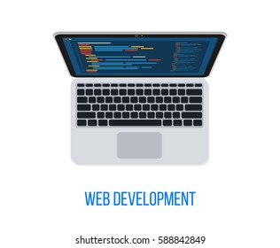 Web Development Illustration. Laptop Coding Concept. Web Developer, Design, Programming Flat Illustration. Vector.