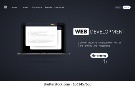 Web development illustration. Working on laptop. Flat design concepts for analysis, coding, programming, programmer and developer. Vector on isolated background. EPS 10