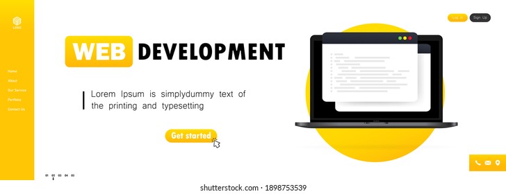 Web development illustration. Working on laptop. Flat design concepts for analysis, coding, programming, programmer and developer. Vector. EPS 10
