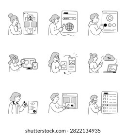 Web development illustrations covering error analysis, domains, customization, responsive testing, prototypes, code review, feature management, debugging. 