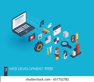 Web development integrated 3d icons. Digital network isometric progress concept. Connected graphic design line growth system. Abstract background for seo, website, app design. Vector Infograph