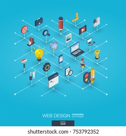 Web development integrated 3d icons. Digital network isometric interact concept. Connected graphic design dot and line system. Abstract background for seo, website, app design. Vector Infograph