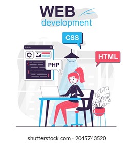 Web development isolated cartoon concept. Developer programs in html language in office, people scene in flat design. Vector illustration for blogging, website, mobile app, promotional materials.