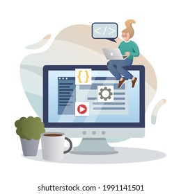 Web Development. Isolated flat style colored illustration. Cloud storage, online base, marketing solution. Developer on the monitor.