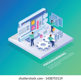 Web development isometric concept background with images of screens small human characters gear symbols and icons vector illustration