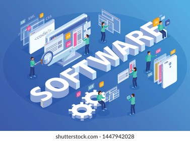 Web development isometric concept composition with label signs electronic devices people characters and screens with text vector illustration