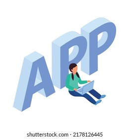 Web development isometric concept composition with structure elements and developer character vector illustration