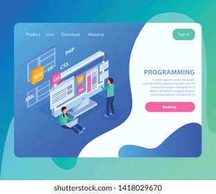 Web development isometric concept landing page with clickable text links buttons and conceptual composition of images vector illustration
