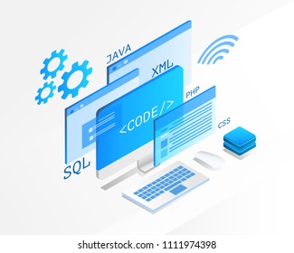 Web Development isometric concept, laptop and virtual blue website screens on white background. programming and coding.  vector illustration