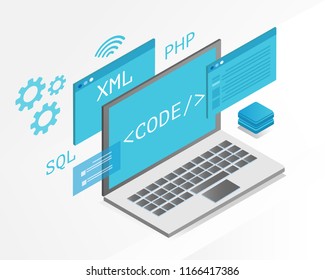 Web Development isometric concept, laptop and virtual blue website screens on white background. programming and coding.  vector illustration