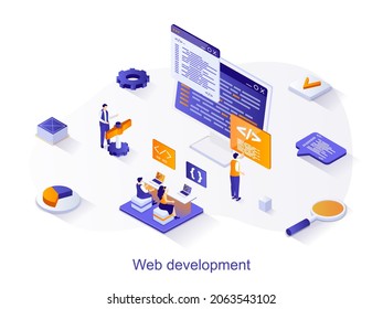 Web development isometric web concept. People create and optimize a web page, work with code and interface design. Programmers teamwork scene. Vector illustration for website template in 3d design