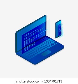 Web Development isometric concept, programming and coding. Laptop computer and mobile phone with virtual display screens code isolated on white background. Isometric vector illustration.