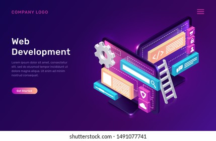 Web development isometric concept vector illustration. Software landing page template for creating customize website design, interface, computer monitor with 3D icons on ultraviolet background