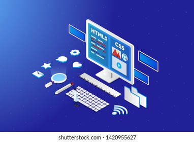 web development isometric creative illustration vector of graphic , small people in web development isometric illustration vector , vector web development isometric for website landing page