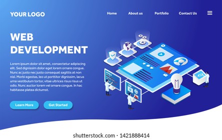 web development isometric creative illustration vector of graphic , small people in web development isometric illustration vector , vector web development isometric for website landing page template