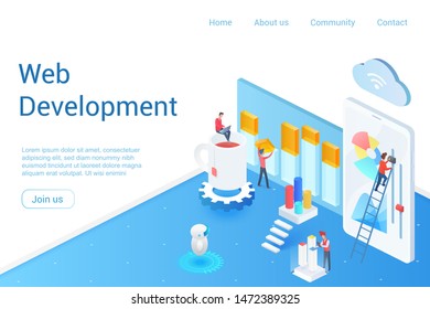 Web development isometric landing page vector template. App, software programming webpage design layout. Website optimization and customization 3d concept illustration. Digital technology, IT industry