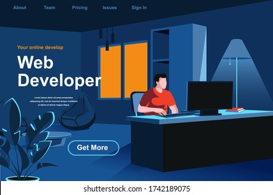 Web development isometric landing page. Web designer working with computer in office website template. UI UX responsive design, website prototyping and programming perspective flat vector illustration