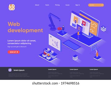 Web development isometric landing page. Full stack development, software engineering, design and programming isometry web page. Website flat template, vector illustration with people characters.