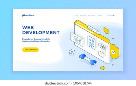 Web development. Isometric vector design of banner offering online learning of web development. Programming and coding concept. Isometric web banner, landing page template