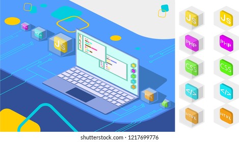 Web development isometric vector isolated illustration. Laptop on colorful background with the collection of programming languages icons: Java Script, Php, HTML 5, CSS. 