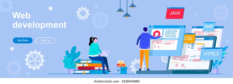 Web development landing page with people characters. Software engineering web banner. Full stack web development company vector illustration. Flat concept great for social media promotional materials.