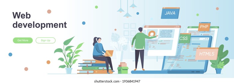 Web development landing page with people characters. Software engineering web banner. Full stack web development company vector illustration. Flat concept great for social media promotional materials.