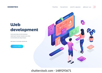Web development landing page vector template. Software engineering, coding website homepage interface idea with isometric illustration. Programming, script writing webpage 3D cartoon concept