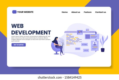 web development landing page vector illustration. people build website. programming concept, for website, banner, home page, flat illustration