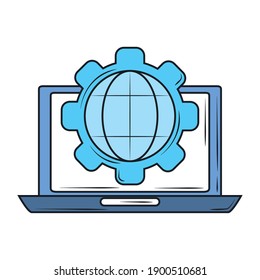 web development laptop world solution, creation digital software vector illustration