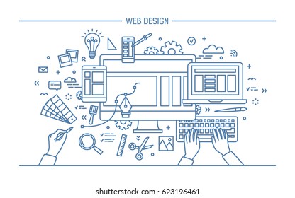 Web development, line art banner. site with responsive design. flat vector illustration.