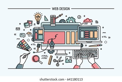 Web development, line art banner. site with responsive design. colorful flat vector illustration.