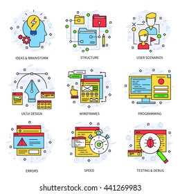 Web development line concept with descriptions of structures user scenarios wireframes programming errors speed vector illustration