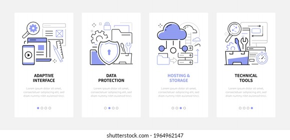 Web development - line design style web banners with copy space for text. Adaptive interface, data protection, hosting and storage, technical tools carousel posts. Computer service, cloud computing