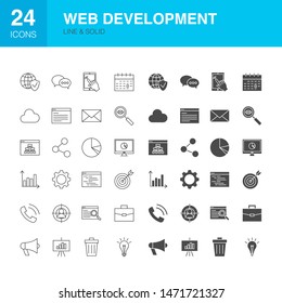 Web Development Line Glyph Icons. Vector Illustration of Computer Outline and Solid Symbols. 