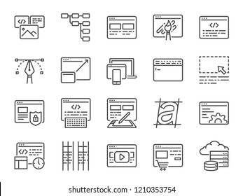 Web development line icon set. Included icons as design, developer, coding, content and more.