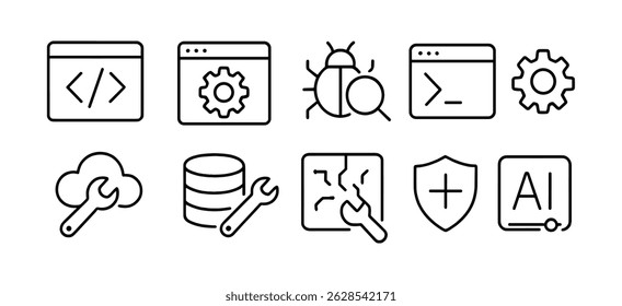Web, conjunto de ícones de linha de desenvolvimento - programação, codificação e símbolos técnicos