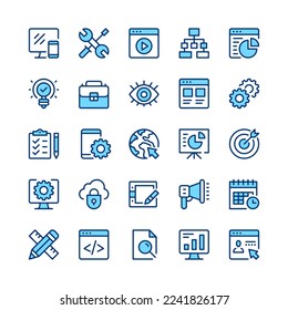 Iconos de línea de desarrollo Web. Color azul. Conjunto de iconos de línea de vector