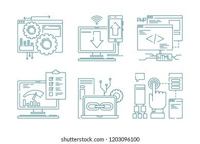 Web development line icons. Seo mobile layout web design creative process code website and app for smartphones vector pictures. Illustration of development optimization, seo link programming project